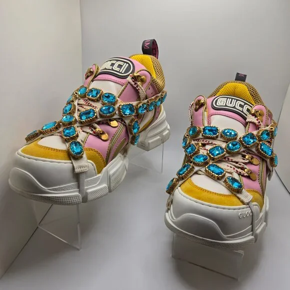 Gucci Journey Flashtrek Crystal Sneakers Jewel Chunky Sole Pink/Yellow/White - Picture 11 of 14